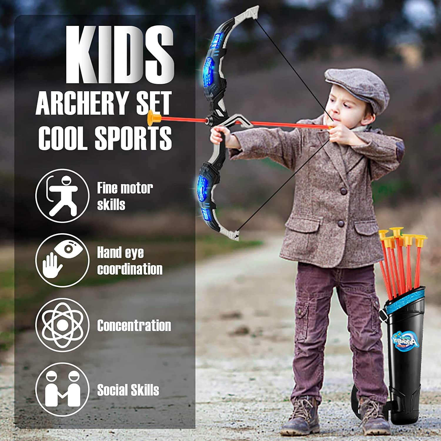Beefunni Bow and Arrow for Kids, Light Up Archery Toy Set with 20 Suction Cup Arrows & Standing Target, Indoor Outdoor Gifts Toys for 4 5 6 7 8 Year Old Boys Girls