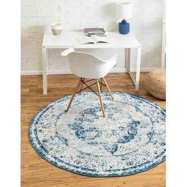 Rugs.com Monte Carlo Collection Rug – 7' Round Blue Medium Rug Perfect For Kitchens, Dining Rooms