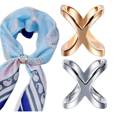 2PCS(Gold+Silver) X Shaped Women Lady Girls Fashion Scarf Ring Buckle Modern Simple Jewelry Silk Scarf Clasp Clips Clothing Wrap Holder Clothing Decoration Accessories for T-Shirt Neckerchie