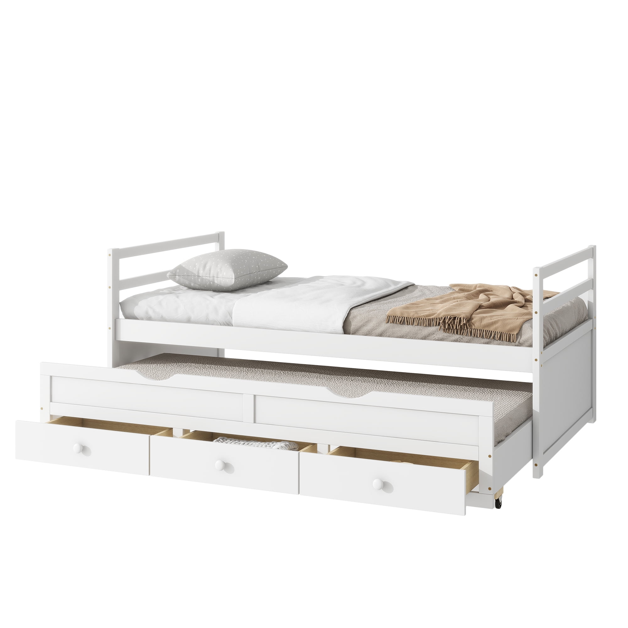 Miniyam Wood Twin Size Bed with Trundle, Storage Drawers for Kids, White