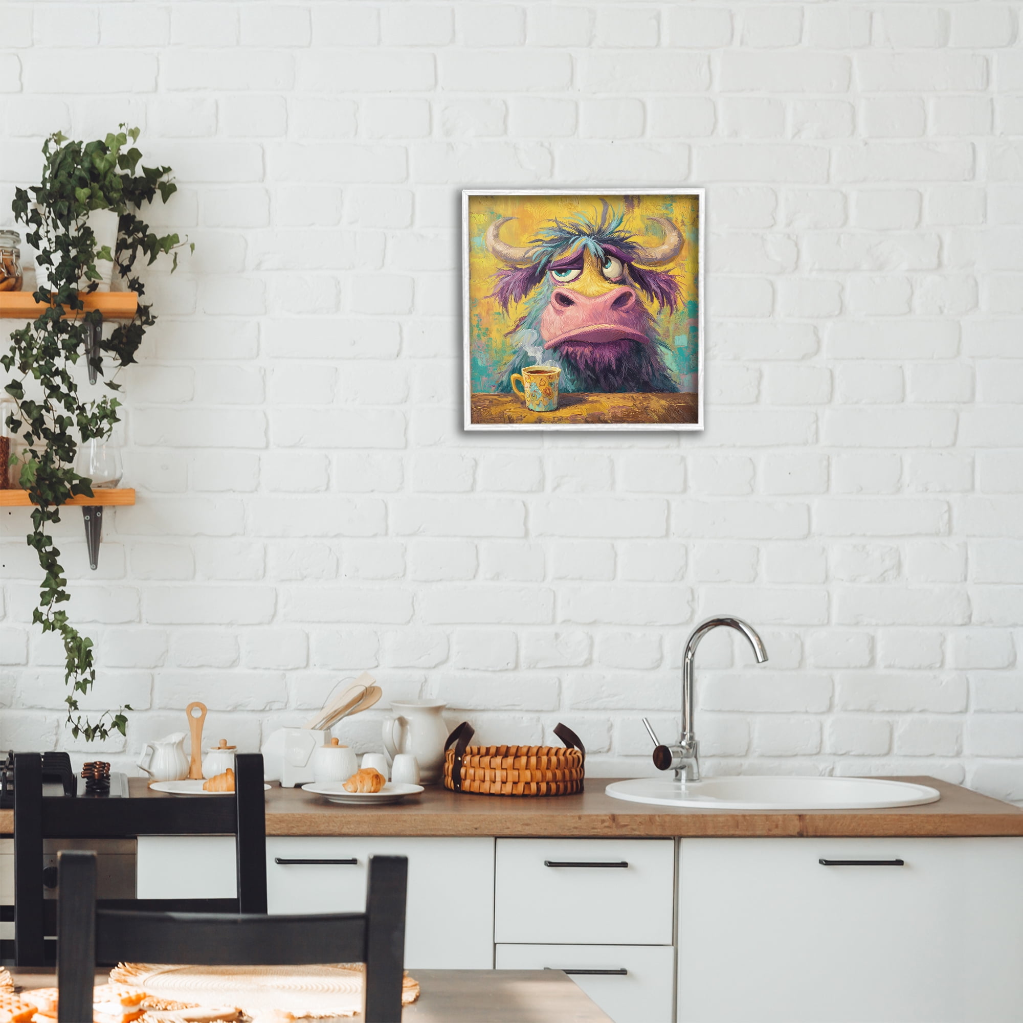 Stupell Industries Grumpy Cow & Mug White Framed Giclee Art, design by The Wands Want