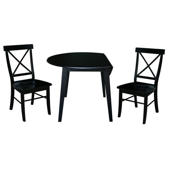 42" Round Solid Wood Dual Drop Leaf Table with 2 Chairs in Black