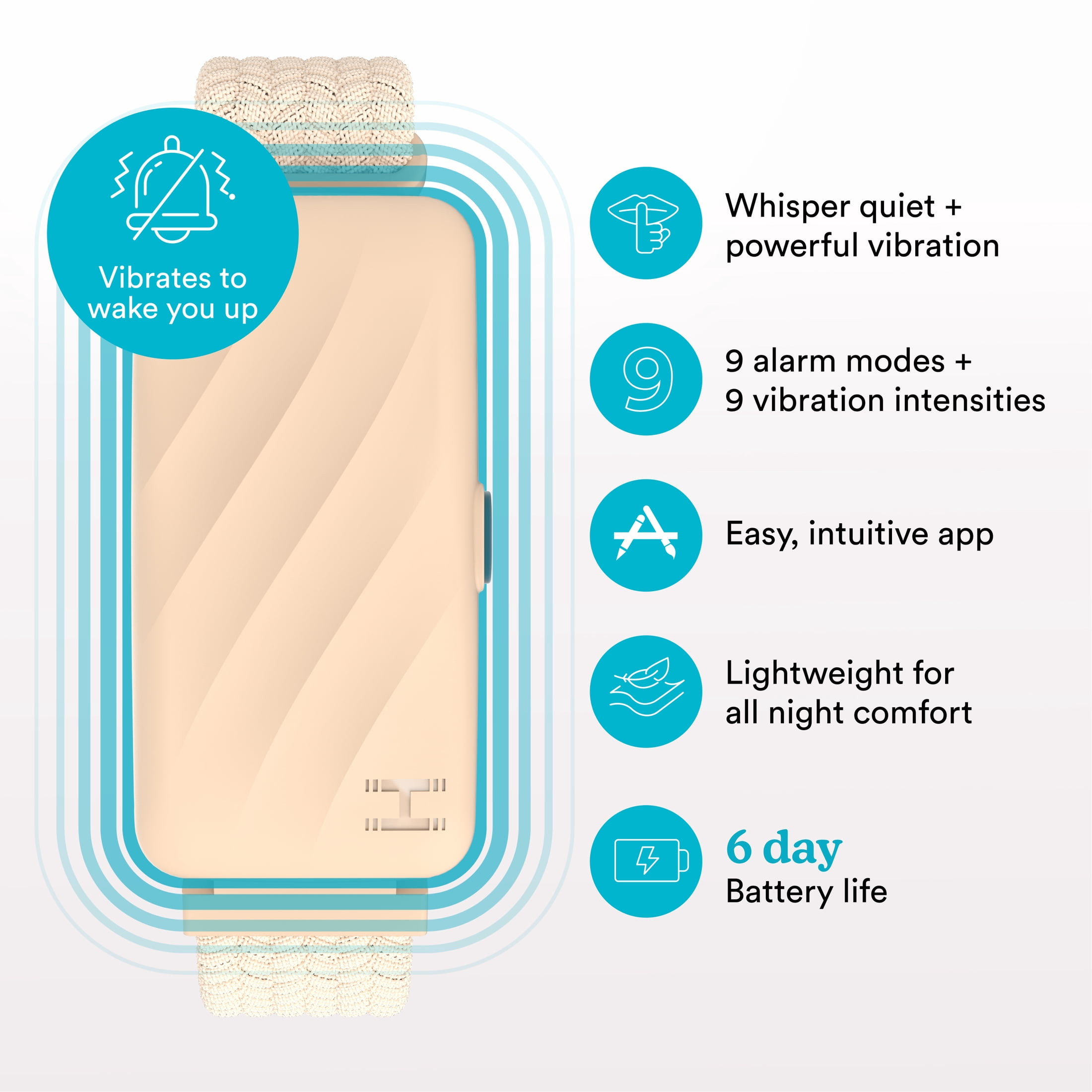 Homedics WakeBand Wearable Silent Alarm, Cream