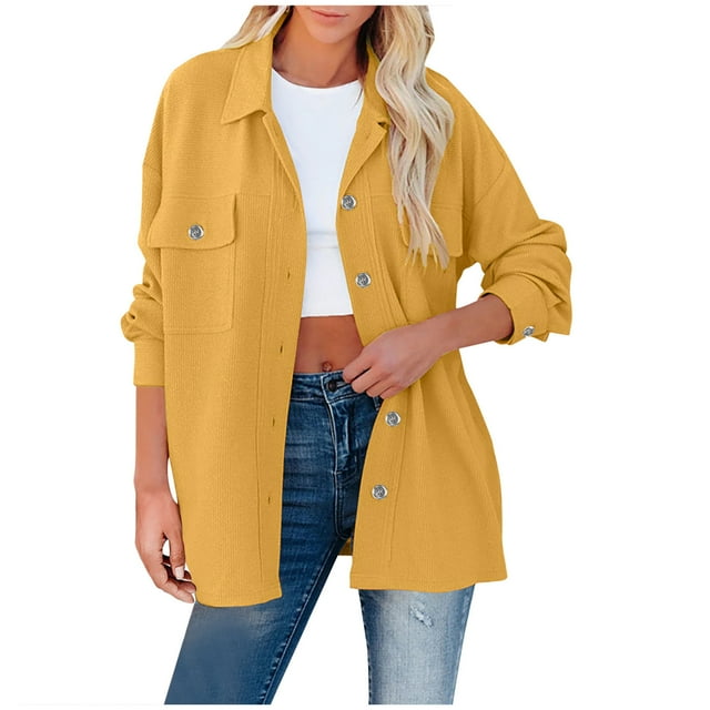 Yuyuzo Womens Fall Jackets Long Sleeve Turndown Collar Button down Coats with Pockets Solid Color