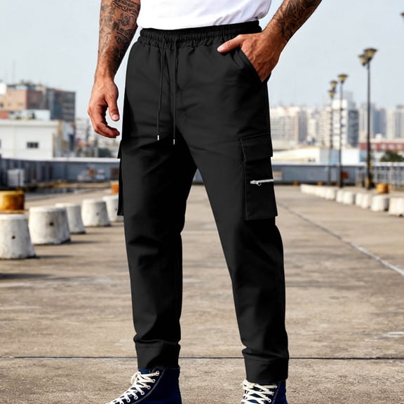 Fnnxeal Mens Cargo Pants Solid Multi-Pockets beltless Spring Fall Outdoor Casual Black Cargo Pants for Men Size 2XL