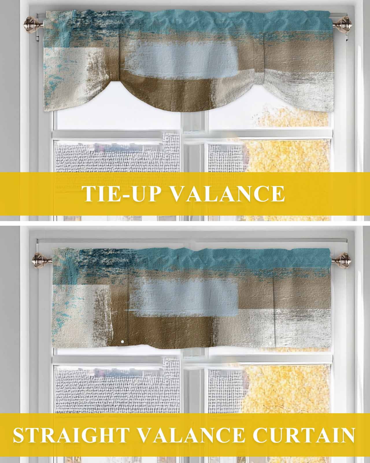 Abstract Mottled Tie Up Valances Curtain, Adjustable Kitchen Teal Brown Vintage Oil Painting Texture Valances for Windows Decor, Rod Pocket Short Curtains Set for Bedroom/Bathroom, 60"x18"
