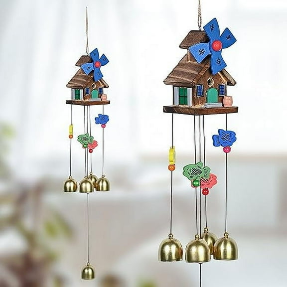 Wooden House Wind Chimes for Home Décor | 5 Brass Bells Wind Chimes for Positive Energy | Outdoor Window Balcony Garden Decoration Hanging Decorative Items