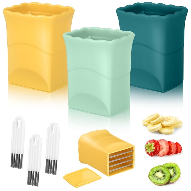 Juego de 3 rebanadores de tazas, rebanador de huevos y plátanos, cortador de fresas, rebanador de frutas y verduras con cepillo, rebanador de cocina
