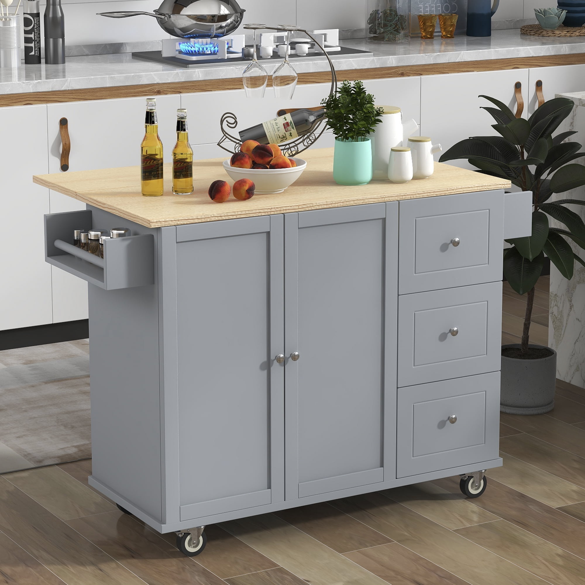 EUROCO Rolling Mobile Kitchen Island with Solid Wood Top and Locking Wheels, Storage Cabinet and Drop Leaf Breakfast Bar, Towel Rack & Drawers, Gray