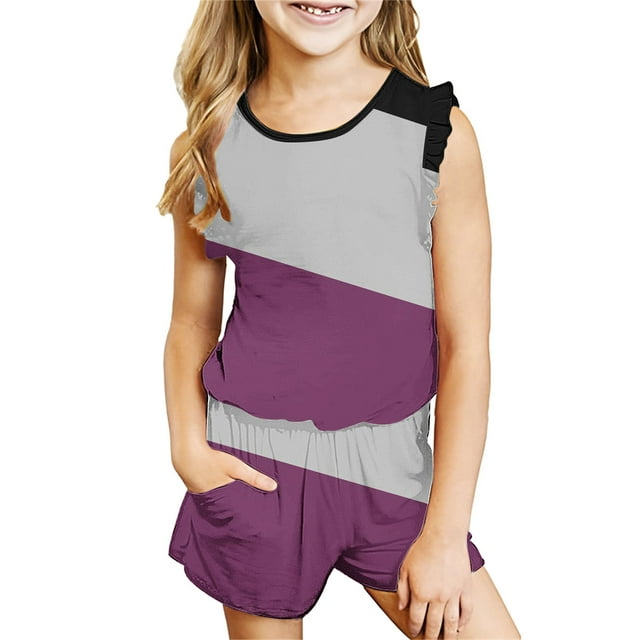 IFNWSV Ensembles d'Été pour Filles Mode Décontractée Sans Manches Col Rond Imprimé Ensembles de Shorts 13-14 Ans