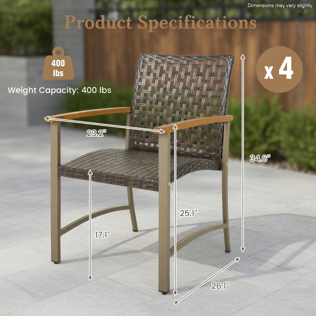 Hommoo Set of 4 Outdoor Rattan Dining Chairs with Acacia Wood Armrests, Weather-Resistant PE Wicker & Powder-Coated Metal Frame for Patio, Backyard, Poolside & Balcony, Brown