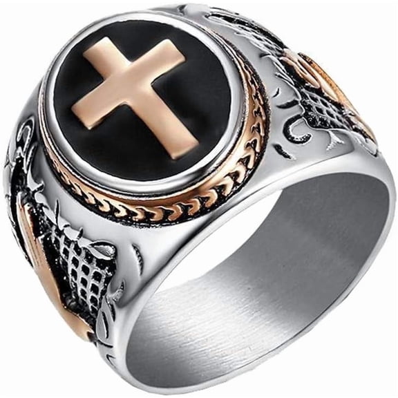 Jiaoiudi Men's Black Vintage Cross Prayer Ring,Stainless Steel,Single Piece for Daily Wear