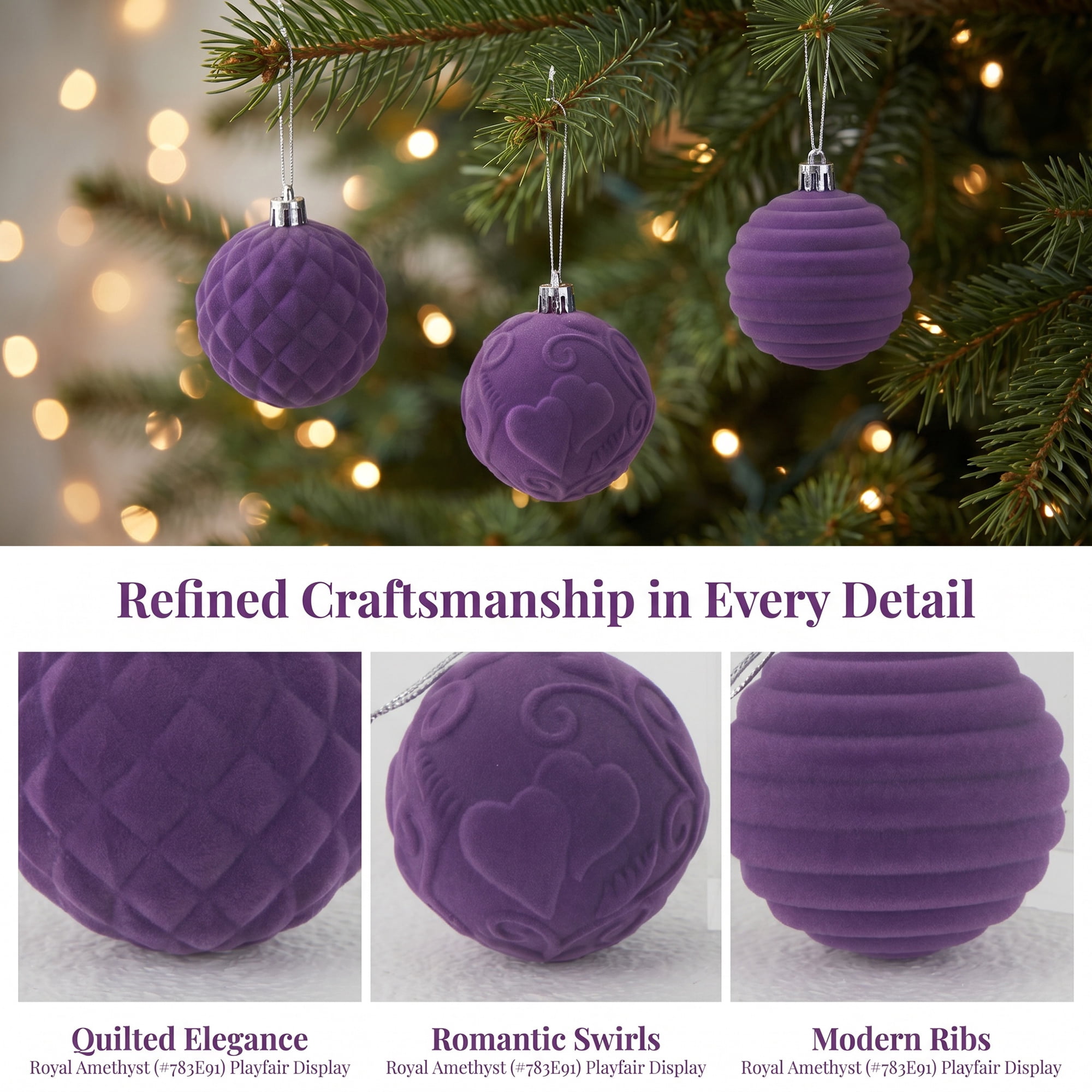 Unique Bargains Velvet Christmas 12 Pack Flocked Sphere Orbs Luxury Ornaments Purple 2.4"
