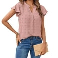 thumbnail image 3 of Otntypg Women Summer Notch V Neck Ruffle Short Sleeve Chiffon Blouse Casual Solid Color Swiss Dot Flowy Shirt Tunic Tops Loose Fit T-Shirt Pink XL, 3 of 9