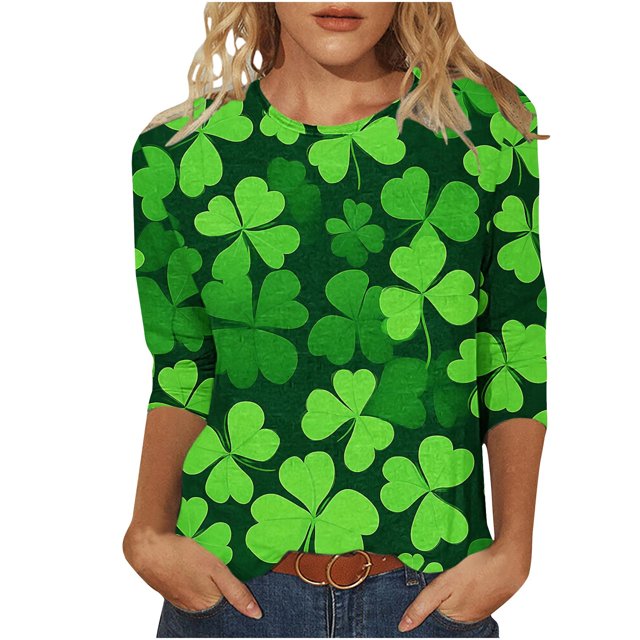 Staron Vente de Liquidation T-shirt de la Saint-Patrick pour Femmes Manches 3/4 Mignon Gnome Tunique Verte Col Rond Blouses Mode Décontractée T-Shirts Basiques T-shirt Trèfle Irlandais