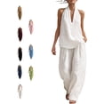 thumbnail image 7 of Linen Sets for Women 2 Piece,Sleeveless V Neck Halter Top Matching Baggy Wide Leg Pants Set, Summer Casual Lounge Outfit, 7 of 7