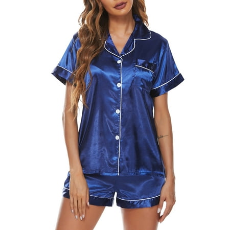 

Gecorid Buttoned 2-piece Silk Pajama Set For Women - Buttoned Silk Pjs Pj Set Short Sleeve Button-Down Tops And Shorts Soft Breathable Fabric