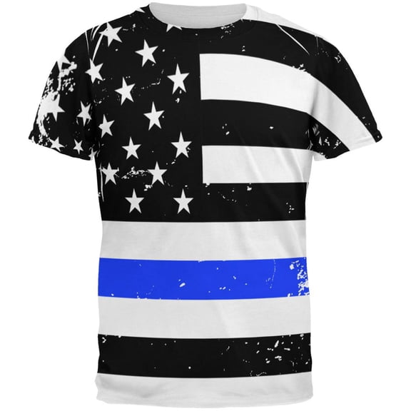 Distressed Thin Blue Line American Flag All Over Mens T Shirt Multi 2XL
