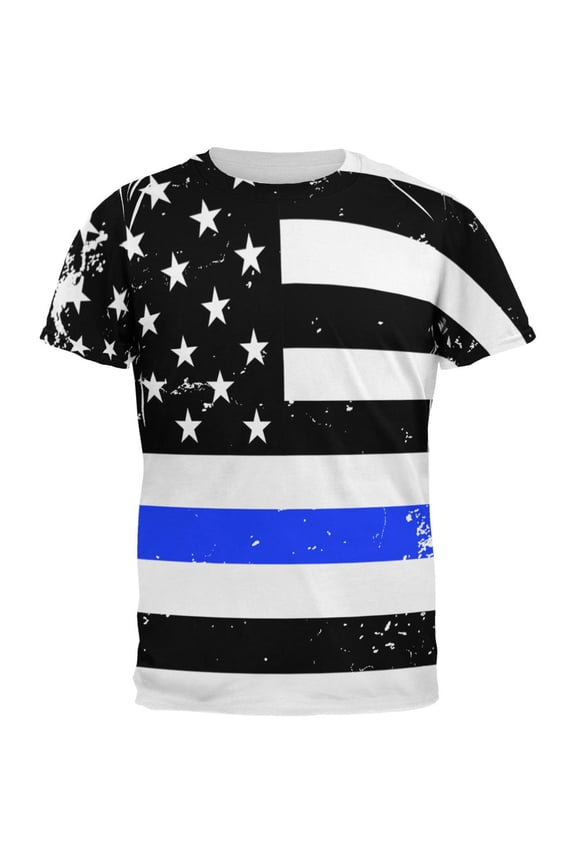 Distressed Thin Blue Line American Flag All Over Mens T Shirt Multi 2XL