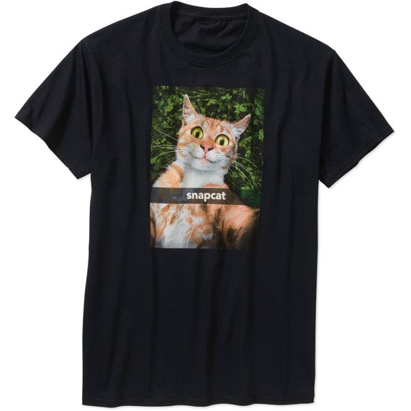 Teelocity Men's Funny Snapcat Snapchat Smiling Cat Black Relaxed Fit Short Sleeve Graphic T-Shirt