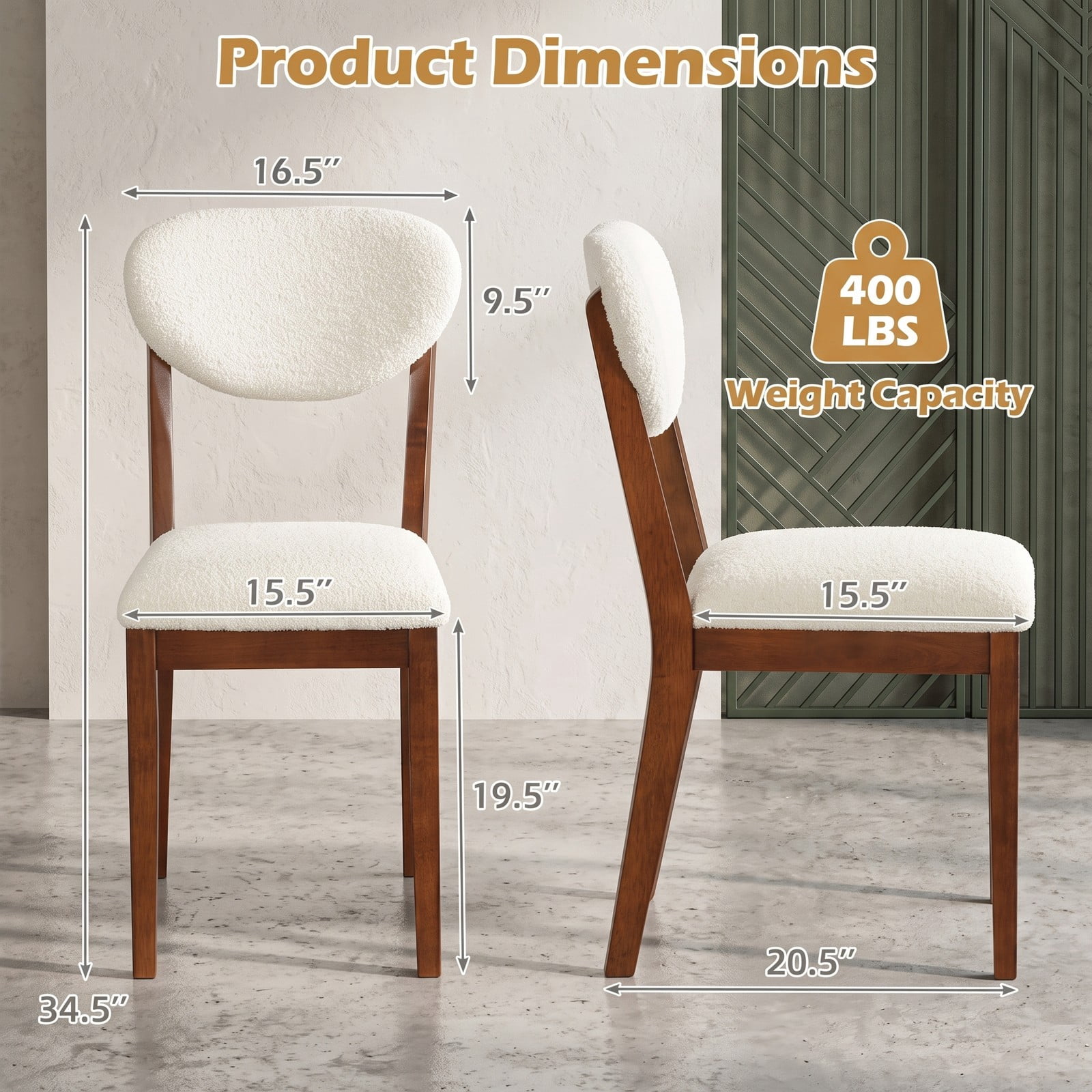 Furnibear Sherpa Dining Chairs Set of 4, Upholstered Faux Fleece Accent Side Chairs with Solid Rubber Wood Legs, Ergonomic Tilt Backrest Kitchen Dining, White Walnut