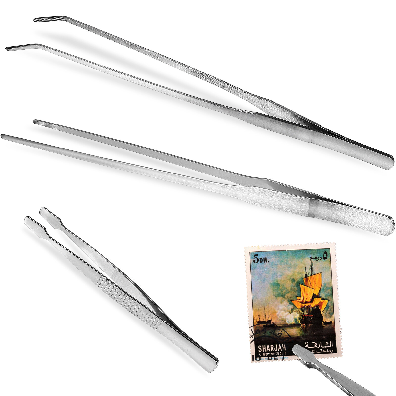 3 pcs Stainless Steel Tweezers Serrated Tip Straight Tweezers Curved Tweezers