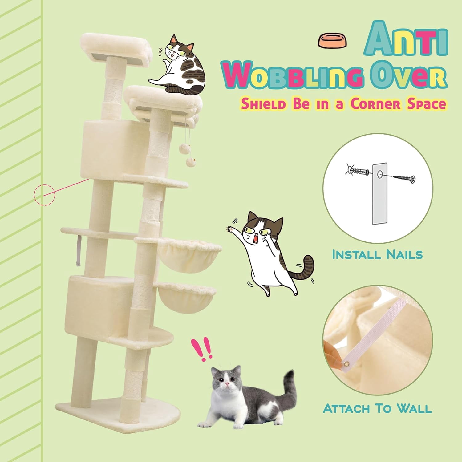 73in Fan-shaped Space-saving Corner Cat Tower/multi-level Tall Tree For Indoor Kitties/cozy Baskets/condos/house/perches/sisal Posts/pet Activity Center/beige