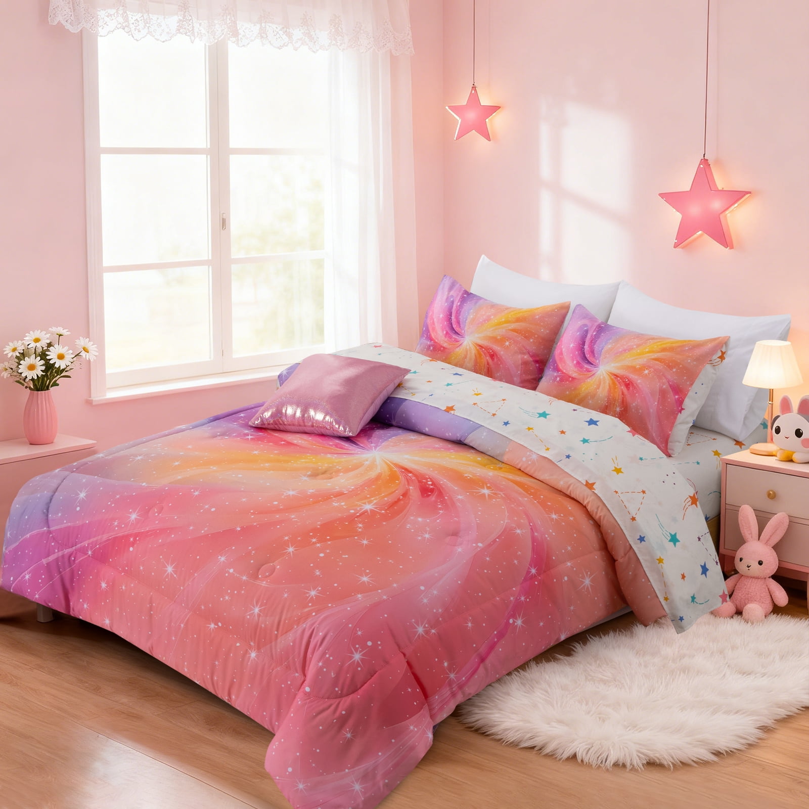 Btargot 6 Piece Twin Kid Comforter Set for Girl Pink Purple Swirl Gradient Glitter Bed-in-a-Bag