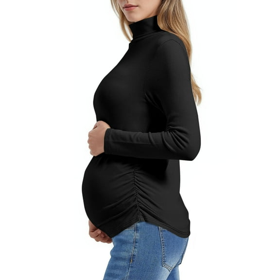 Fnooota Maternity Long Sleeve Tops, Turtleneck Slim Fit Pullover Pleated Pregnancy Thermal Undershirts Black Size S-3XL