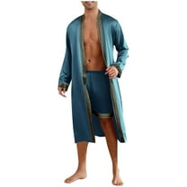 APEXFWDT Men's Luxe Satin PJ Set 2-Piece - Long Sleeve Kimono Robe & Elastic Waist Shorts Wrinkle Free Sleepwear