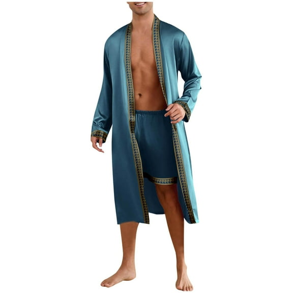 Kimono Robe Set for Mens Silk Satin Long Sleeve Bathrobe with Shorts 2 Pcs Sleepwear Pjs Sets Hooded Spa Robes Soft Sleepwear