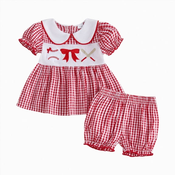 KPOPLK Girls Clothing Sets Baby Girls Summer Outfits Set Gingham Short Sleeve Top with Shorts for 1-5 Years(6-12M,Red)