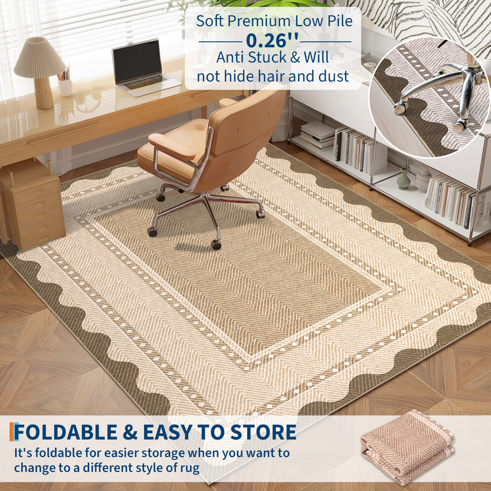 HIWEAVER Yellow 9' x 12' Washable Scalloped Bordered Pattern Area Rug for Living Room Indoor Throw Carpet ​Modern Non-Slip Foldable Floor Cover for Dorm Home Decor