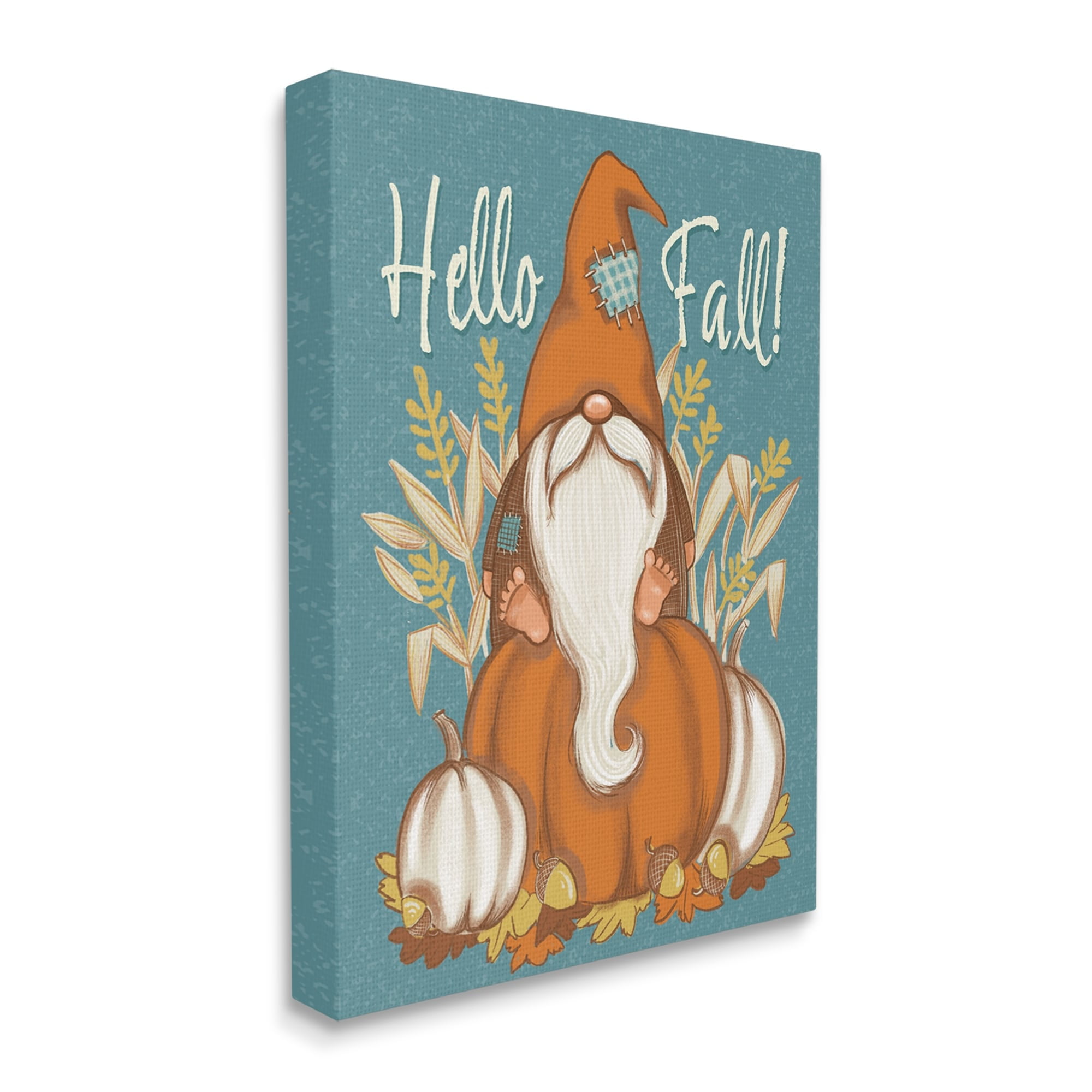 Hello Fall Seasonal Garden Gnome Wheat Sprigs Pumpkins Botanical & Floral Graphic Art Gallery-Wrapped Canvas Print Wall Art