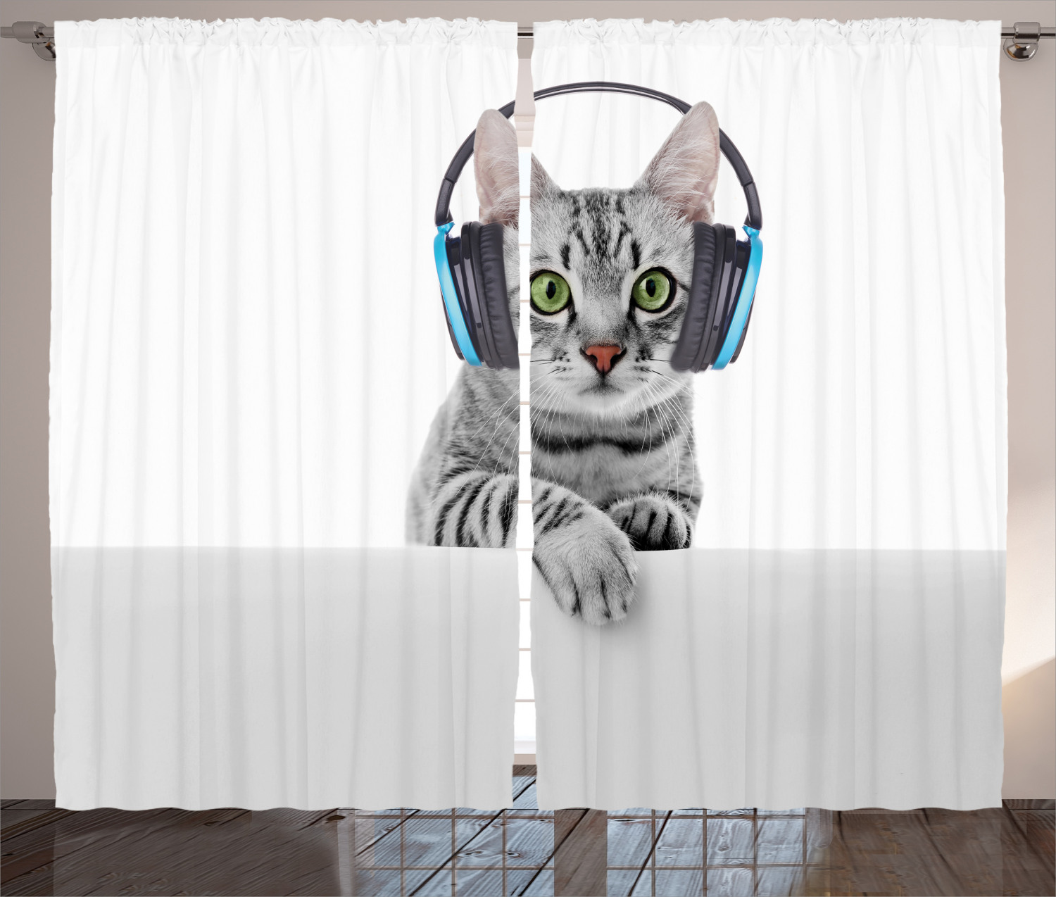Cat Curtains 2 Panels Set, Cute Funny Short Hair Cat Listening Music