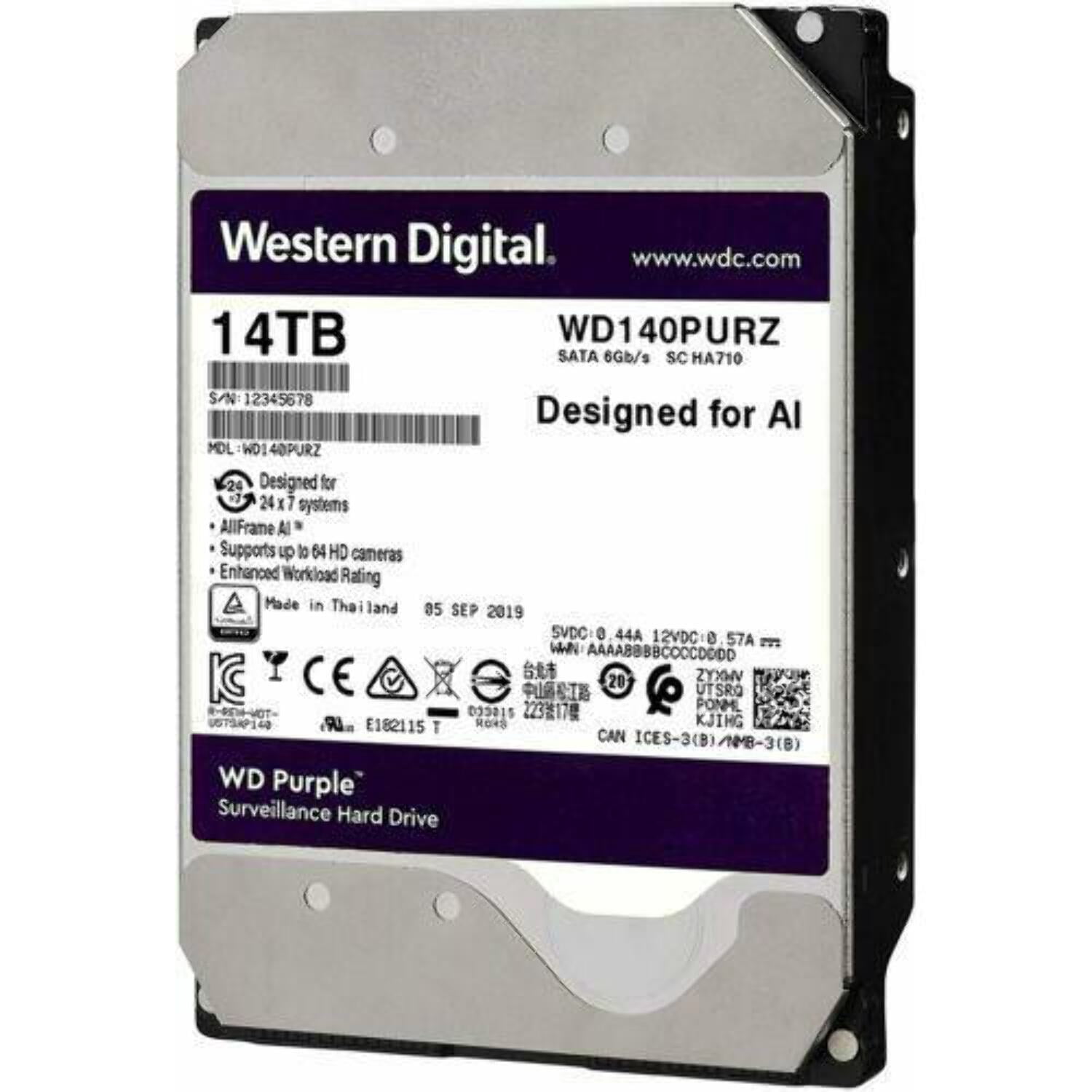 &nbsp;WD Purple 14TB Surveillance 7200 RPM SATA III 512MB 3.5" Internal HDD WD140PURZ