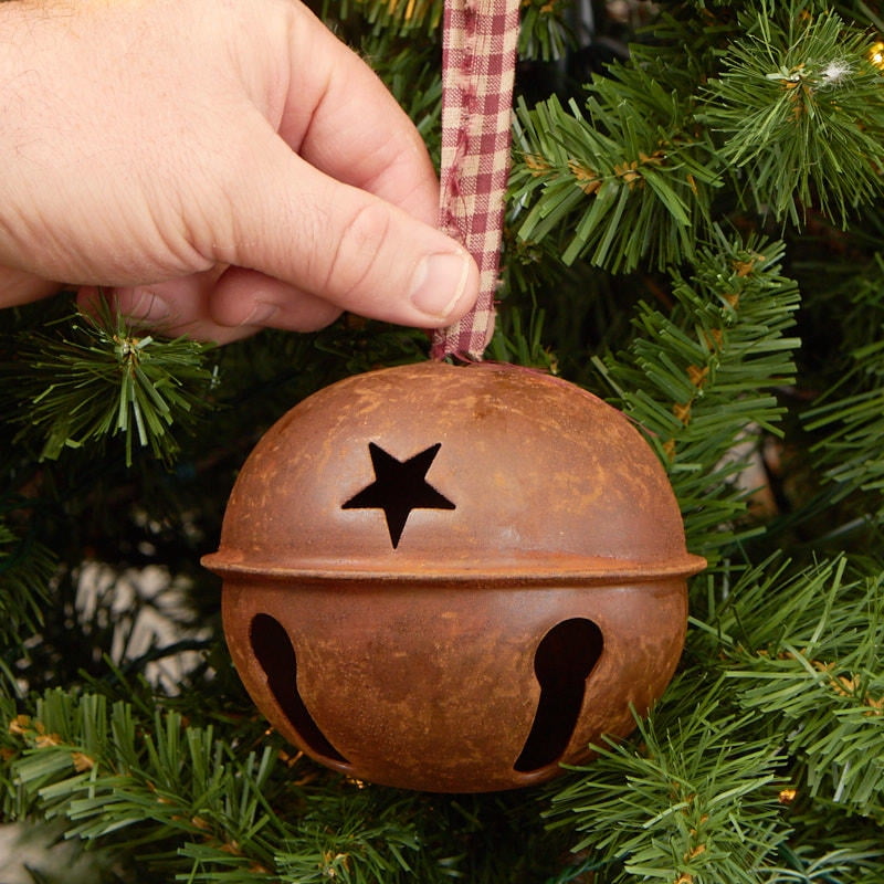 4 Inch Set of 3 Rusty Tin Christmas Jingle Bells with Homespun Hanger