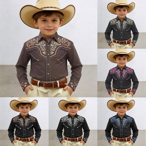 Boys Tshirts Lapel Cartoon Print Long Sleeve Button Down Denim Shirt for Holiday Boys' Tops Tees Shirts Black1 4 Years-5 Years