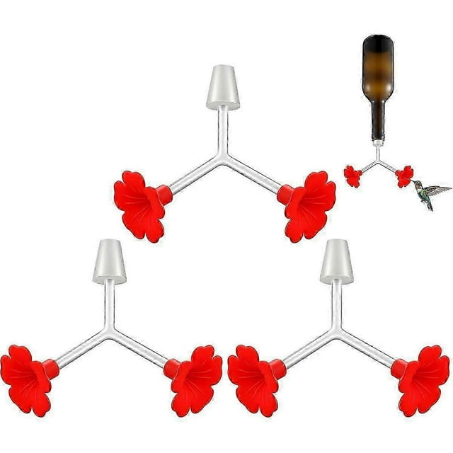 3 Pcs Floral Hummingbird Feeder Tubes and Stoppers, Red Double Head Hummingbird Feeding Ports, Water Feeding Replacement Parts Wine Bottle Plug for Ou