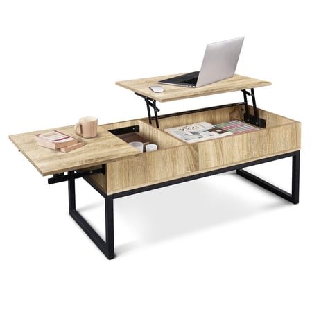 CAPHAUS Lift Top Coffee Table w/ Sliding Drawer, Rising Tabletop Coffee Table w/ Hidden Compartment & Sliding Drawer, Storage Coffee Table w/ Lift & Sliding Top for Living Room, 41" Natural Oak