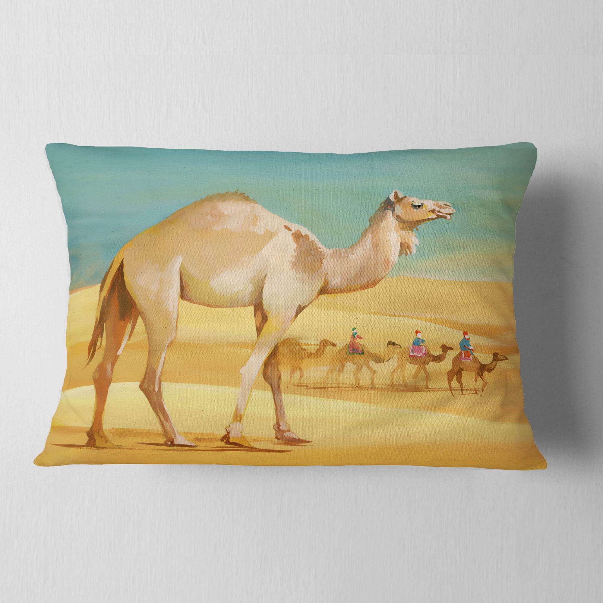 Designart Camel Walking in Desert - Watercolor Animal Throw Pillow - 12x20