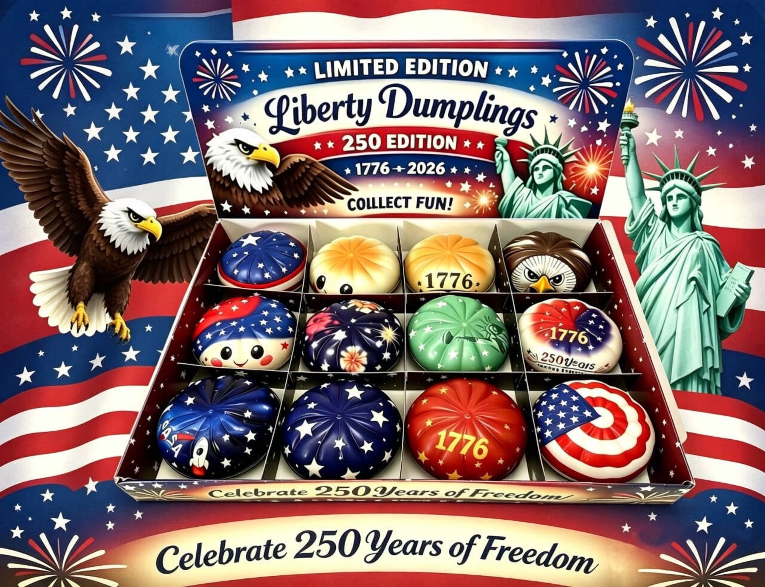 12 Pcs Liberty Dumplings 1776-2026 USA 250 Year Anniversary Dumpling Squishies, Squishy Fidget Fidget Toys for Anxiety Relief, 250 Anniversary USA Giant Glitter Dumplings Box for Adults (Muticolor)