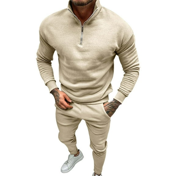 Baqcunre Track Suits For Men Set Men'S Two Piece Set Men'S Long Sleeved Padded Zipper Stand Up Collar Two Piece Set Mens Outfits Tops For Men Beige L