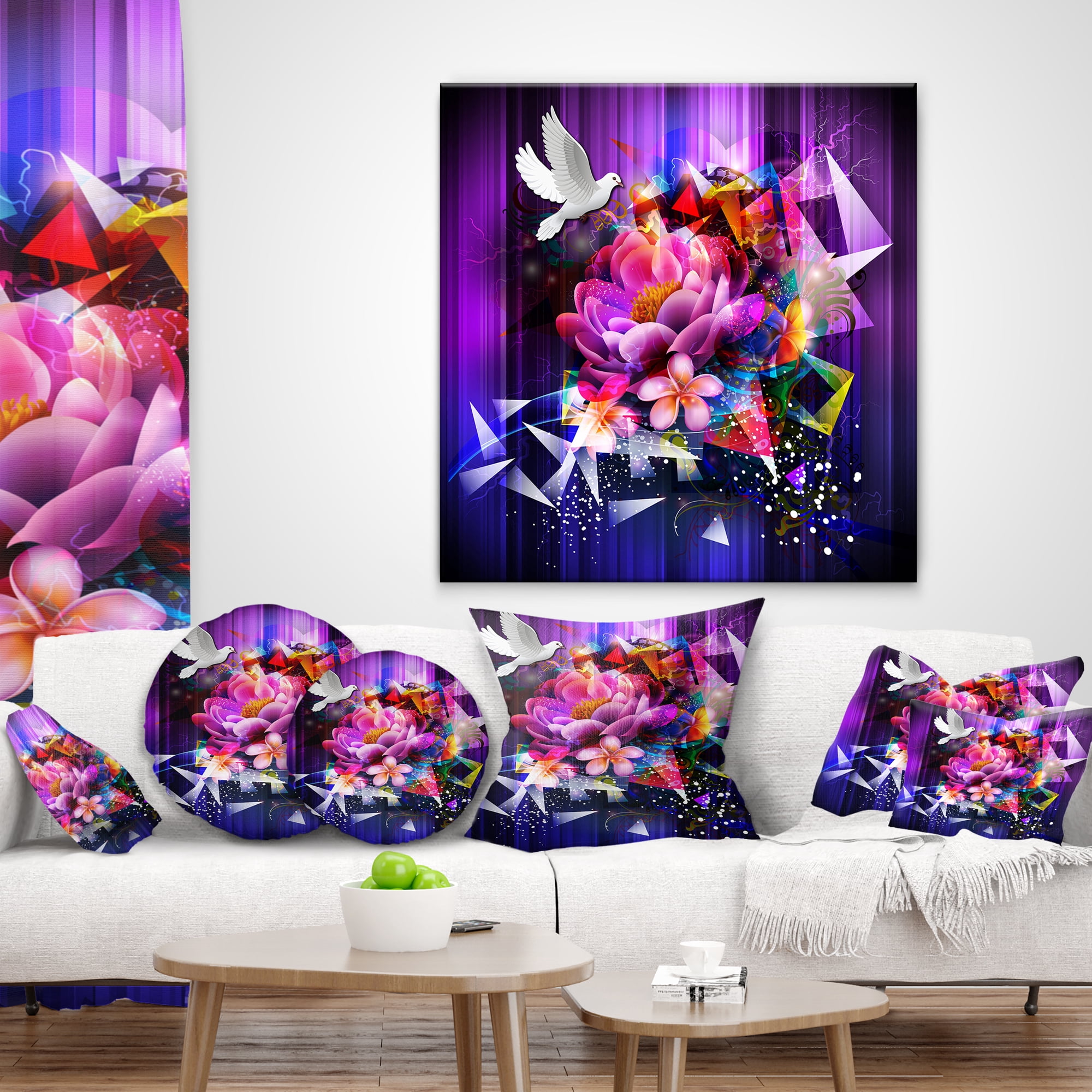 Designart Abstract Floral Design with Dove - Floral Throw Pillow - 16x16
