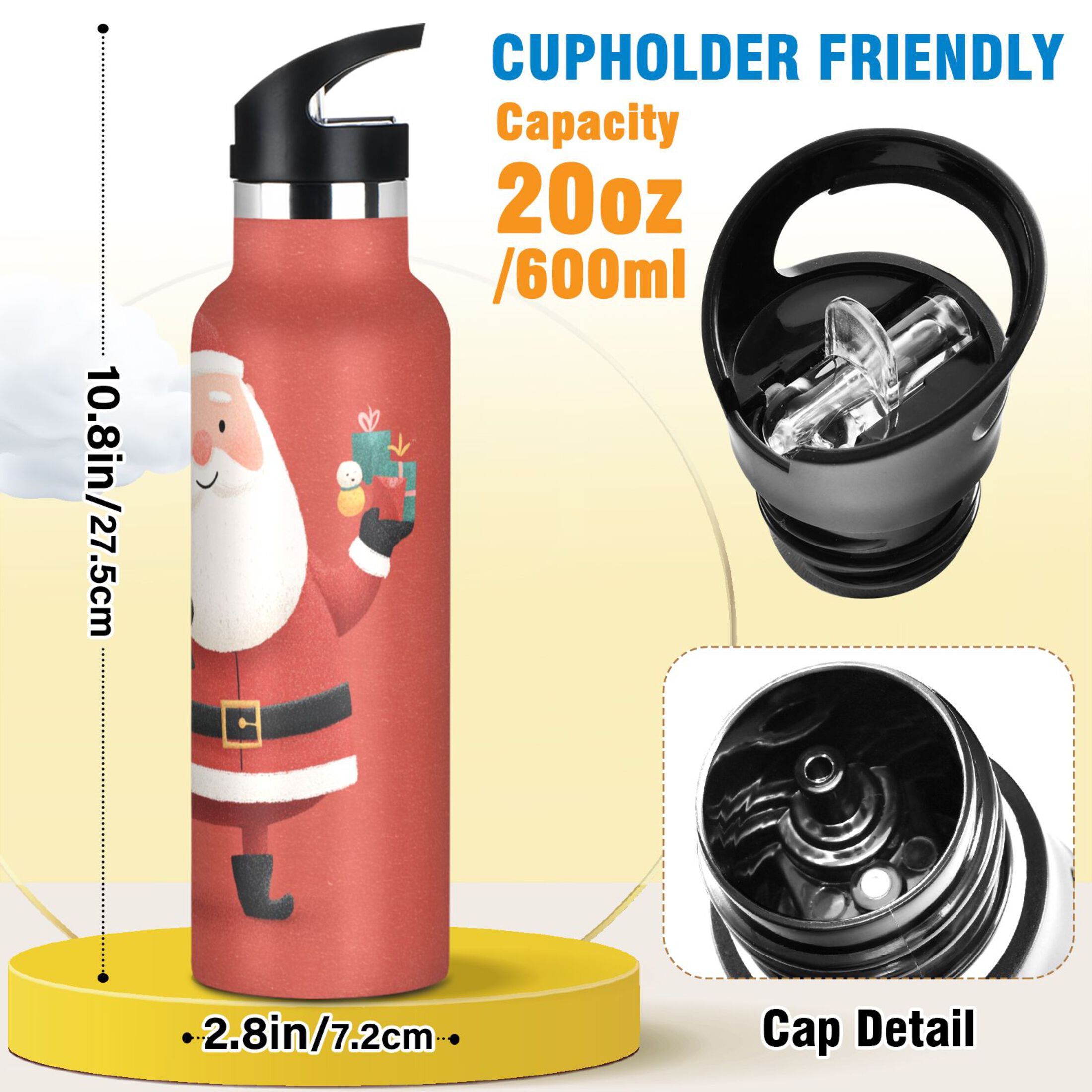 600ML Stainless Steel Insulated Cup Sports Water Bottle Portable Thermos Cup Water Glasses Insulated Tumblers Convenient and Durable Cartoon Red Santa Claus
