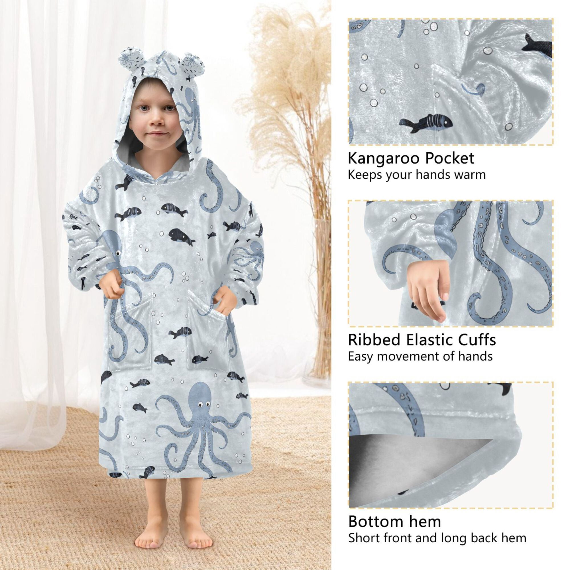 FORMRS Wearable Blanket Hoodie with Sleeves for Kids Cozy Flannel Sweatshirt, Blue Octopus Pattern