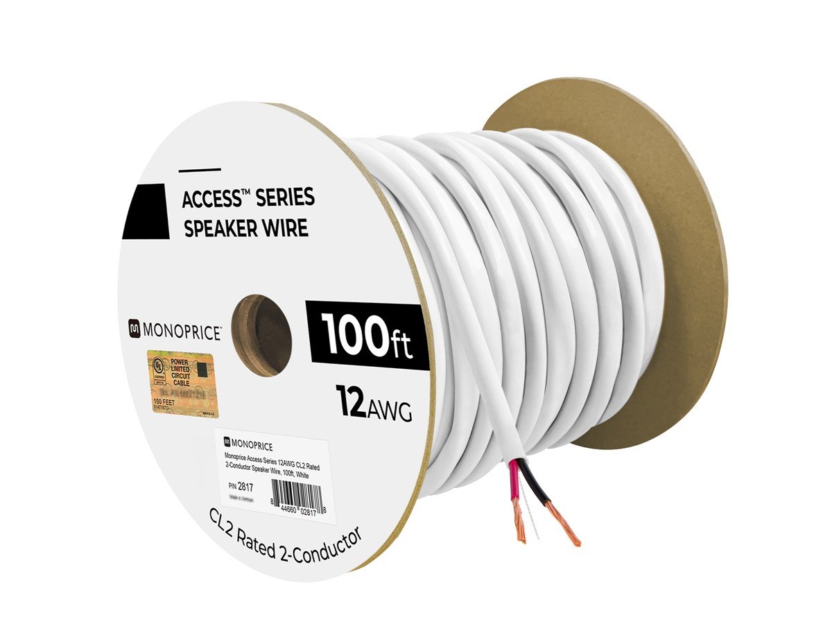 Monoprice Speaker Wire, CL2 Rated, 2-Conductor, 12AWG, 100ft, White