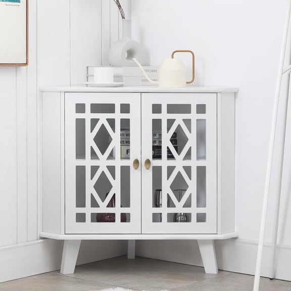 eclife 32-inch Corner Sideboard Cabinet, Freestanding White Storage Furniture with 2 Doors and Adjustable Shelves