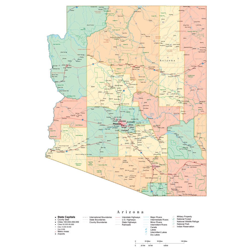 Laminated Map - Administrative map of Arizona state Poster 20 x 30 ...