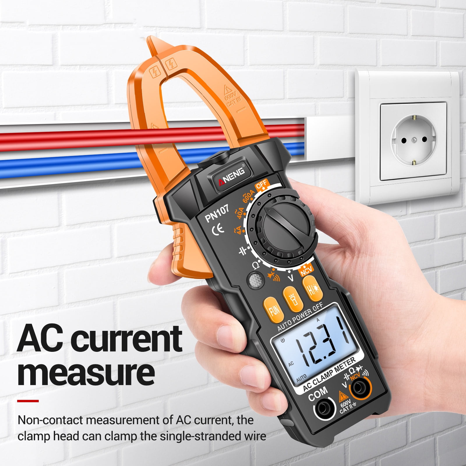 ANENG PN107 Digital Clamp Meter CAT II 600V AC Voltage Multimeter Tester 4000 Counts Amp Voltage Tester Measures AC/DC Current AC Voltage Resistance Capacitor Diodes